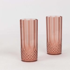 6-Pack Transparent Plastic Highball Drink Glasses 14oz, Crystal Cut Style Dusty Rose - Shatterproof Tall Cocktail Tumblers - Pack of 6 Glasses