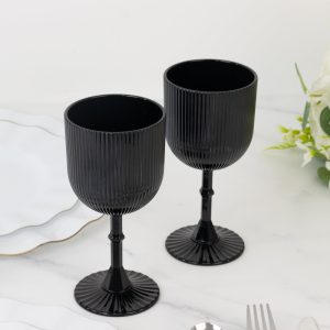 12-Pack Black Plastic Wine Glasses 9oz, Vintage Ribbed Pattern - Reusable Shatterproof Goblets